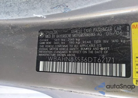 2006 BMW 750Li z USA, uszkodzony, nr VIN WBAHN83536DT62171